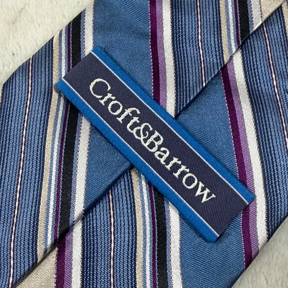 Croft & Barrow Mens Silk Necktie Blue Purple Silver Striped Hand Made 3.5 Inch